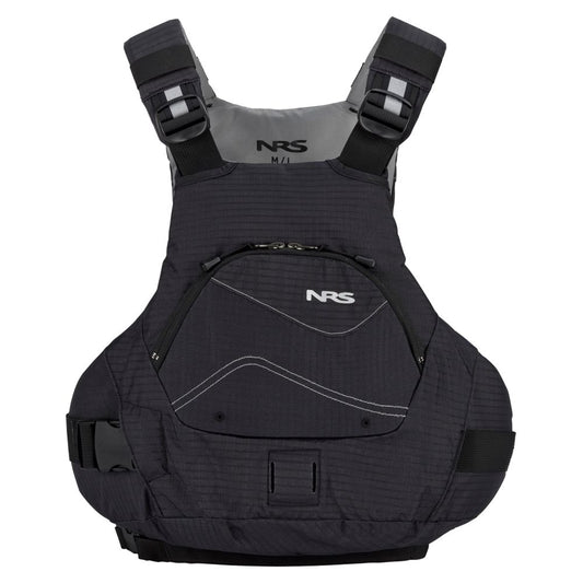 The NRS Ion PFD is a black Type III life jacket featuring adjustable straps, a front zippered pocket, and reflective detailing, shown against a white background.