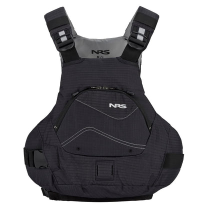 The NRS Ion PFD life jacket in black offers ultra-soft foam comfort, adjustable straps, a front pocket, and the iconic NRS logo. With its Cool Flow System, it's ideal for water activities.