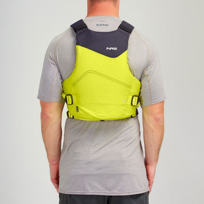 Wearing a vibrant NRS Ion PFD over a gray shirt, the person displays their Type III life jacket, equipped with ultra-soft foam for comfort and a Cool Flow System to keep you refreshed on your adventures.