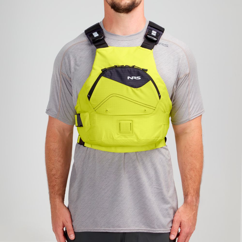 A man wearing an NRS Ion PFD with ultra-soft foam over a gray t-shirt.