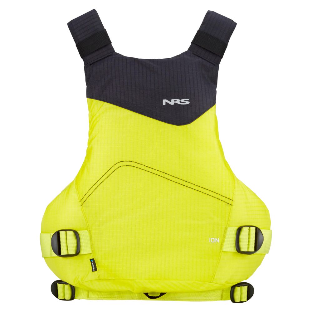 The NRS Ion PFD is a bright yellow and black Type III life jacket with adjustable straps and buckles, shown flat on a white background.