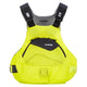 The NRS Ion PFD is a high-visibility yellow and gray Type III life jacket with adjustable shoulder straps and a front zippered pocket, designed for water safety.