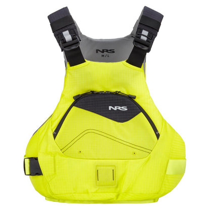 The NRS Ion PFD is a high-visibility yellow and gray Type III life jacket with adjustable shoulder straps and a front zippered pocket, designed for water safety.