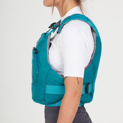 A person is shown from the side against a plain background, wearing an NRS Ion PFD in teal over a white short-sleeved shirt and dark pants.