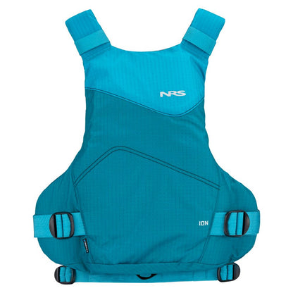 The NRS Ion PFD is a teal blue life vest featuring ultra-soft foam and black adjustable buckles on the sides and shoulders. It includes a Cool Flow System for enhanced comfort. Front view shown.