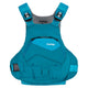 The NRS Ion PFD life jacket, shown in blue with adjustable shoulder straps, a front zippered pocket, and visible buckles on a white background, meets US Coast Guard Certification standards.