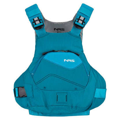 The NRS Ion PFD life jacket, shown in blue with adjustable shoulder straps, a front zippered pocket, and visible buckles on a white background, meets US Coast Guard Certification standards.