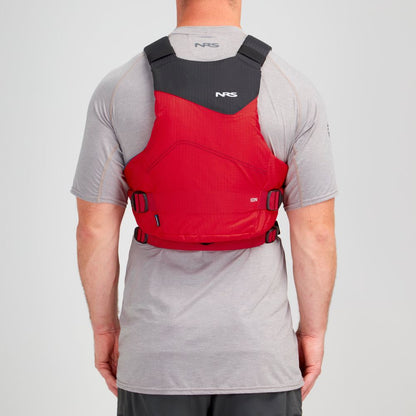 Someone wearing an NRS Ion PFD, a red and black Type III life vest with ultra-soft foam for comfort, is seen from the back over a gray t-shirt.
