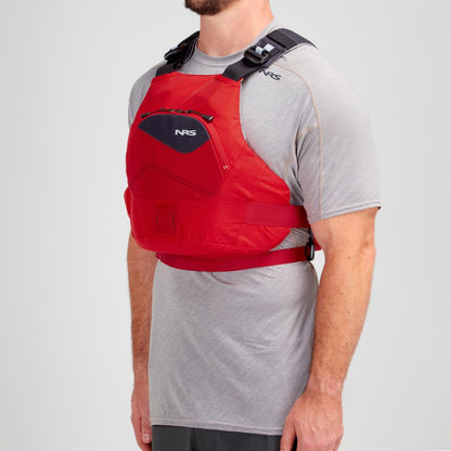 A person wearing an NRS Ion PFD, a red life vest, over a gray shirt is shown from the side, enjoying the comfort of ultra-soft foam.