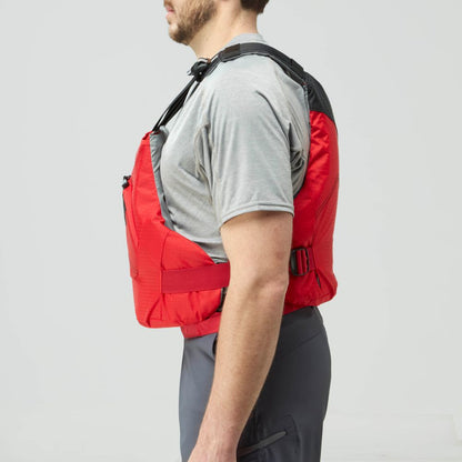 A man in a gray t-shirt and red NRS Ion PFD, a US Coast Guard Type III certified life jacket, is shown in profile against a plain light background.