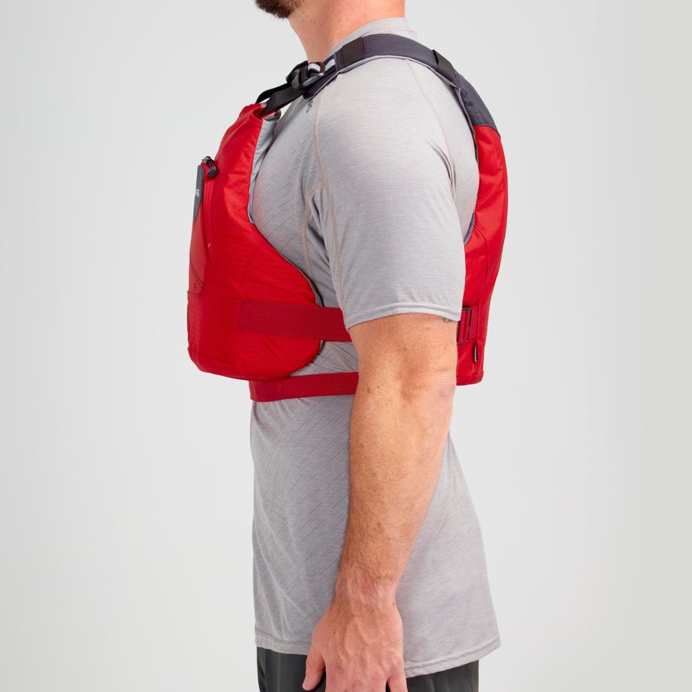 An individual wearing an NRS Ion PFD with ultra-soft foam over a gray shirt is depicted in profile against a plain background.