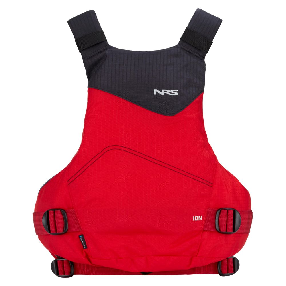 The NRS Ion PFD is a red and black Type III life jacket with adjustable straps, front branding, and US Coast Guard Certification.