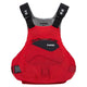 The NRS Ion PFD is a red and gray Type III life jacket with black adjustable shoulder straps, a front zippered pocket, and the NRS logo on the chest. US Coast Guard certified for reliable water safety.