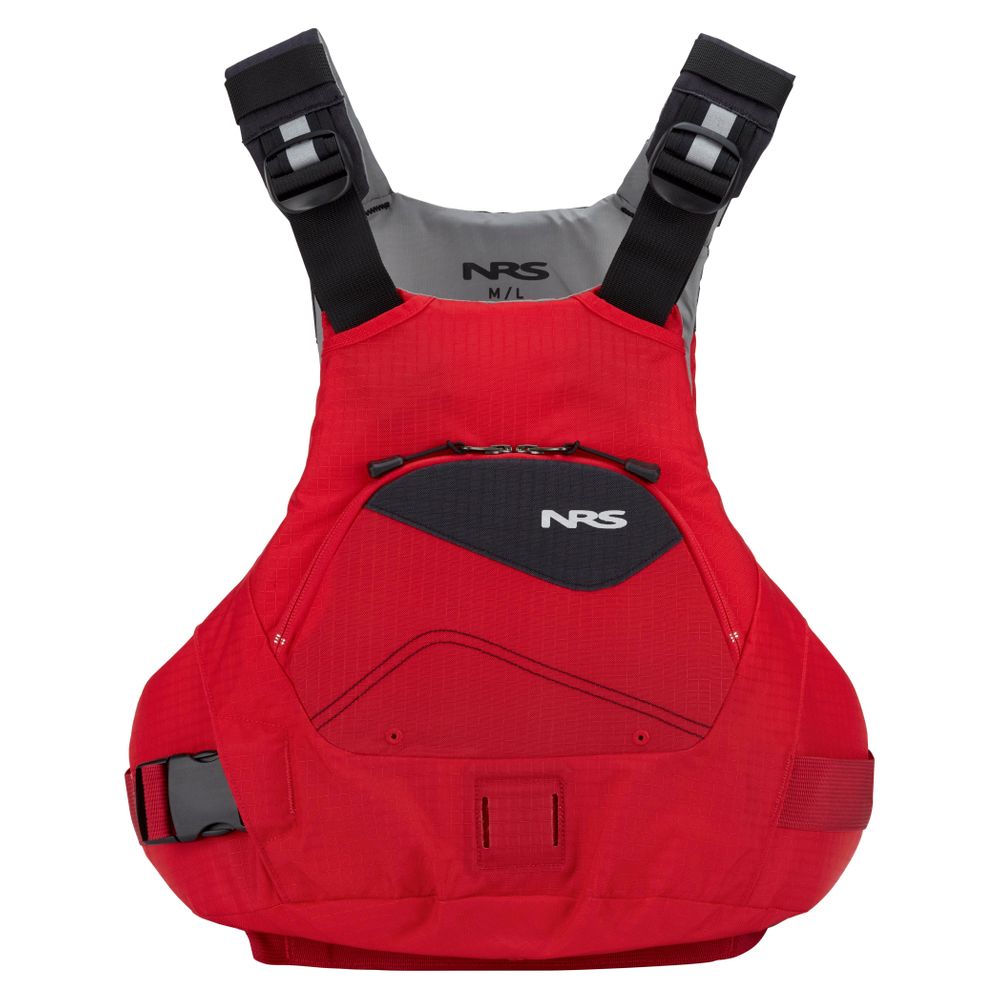 The NRS Ion PFD is a red and gray Type III life jacket with black adjustable shoulder straps, a front zippered pocket, and the NRS logo on the chest. US Coast Guard certified for reliable water safety.