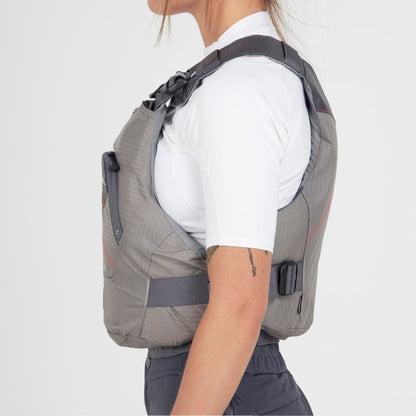 A person in a white short-sleeve shirt wears the NRS Ion PFD, a gray Type III vest with adjustable straps, shown in side profile against a plain background.