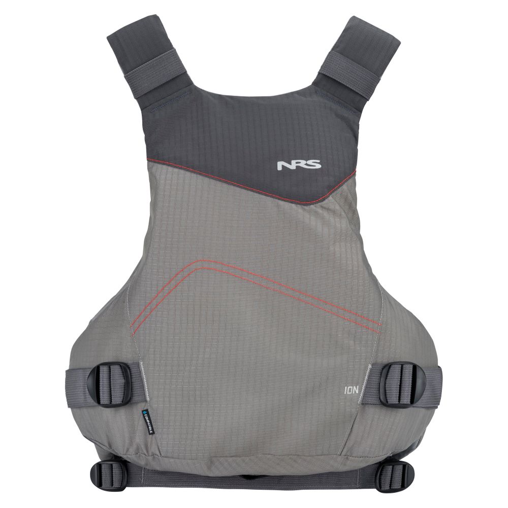 The NRS Ion PFD is a gray Type III life jacket with adjustable side and shoulder straps, red stitching, and the NRS logo on the chest; it meets US Coast Guard Certification standards.
