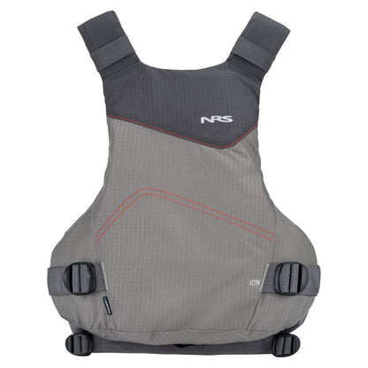 The NRS Ion PFD is a gray Type III life jacket with adjustable side and shoulder straps, red stitching, and the NRS logo on the chest; it meets US Coast Guard Certification standards.