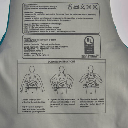 The NRS Ion PFD features black printed safety and donning instructions, US Coast Guard certification details, inspection tips, and illustrated step-by-step wearing diagrams for proper use.