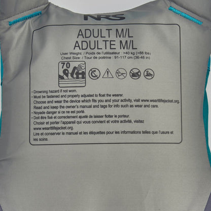 Close-up of a low-profile life jacket label for the NRS Ion PFD, displaying Adult M/L size, chest 91-117 cm, user weight over 40 kg, US Coast Guard certified, safety instructions, and website details.