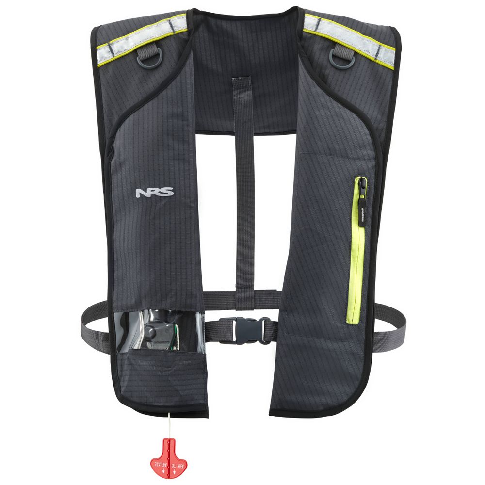 The NRS Matik Inflatable PFD combines safety and style with its black and gray design, bright yellow zipper, reflective strips, and red pull tab.