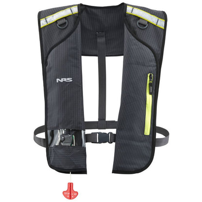 The NRS Matik Inflatable PFD combines safety and style with its black and gray design, bright yellow zipper, reflective strips, and red pull tab.