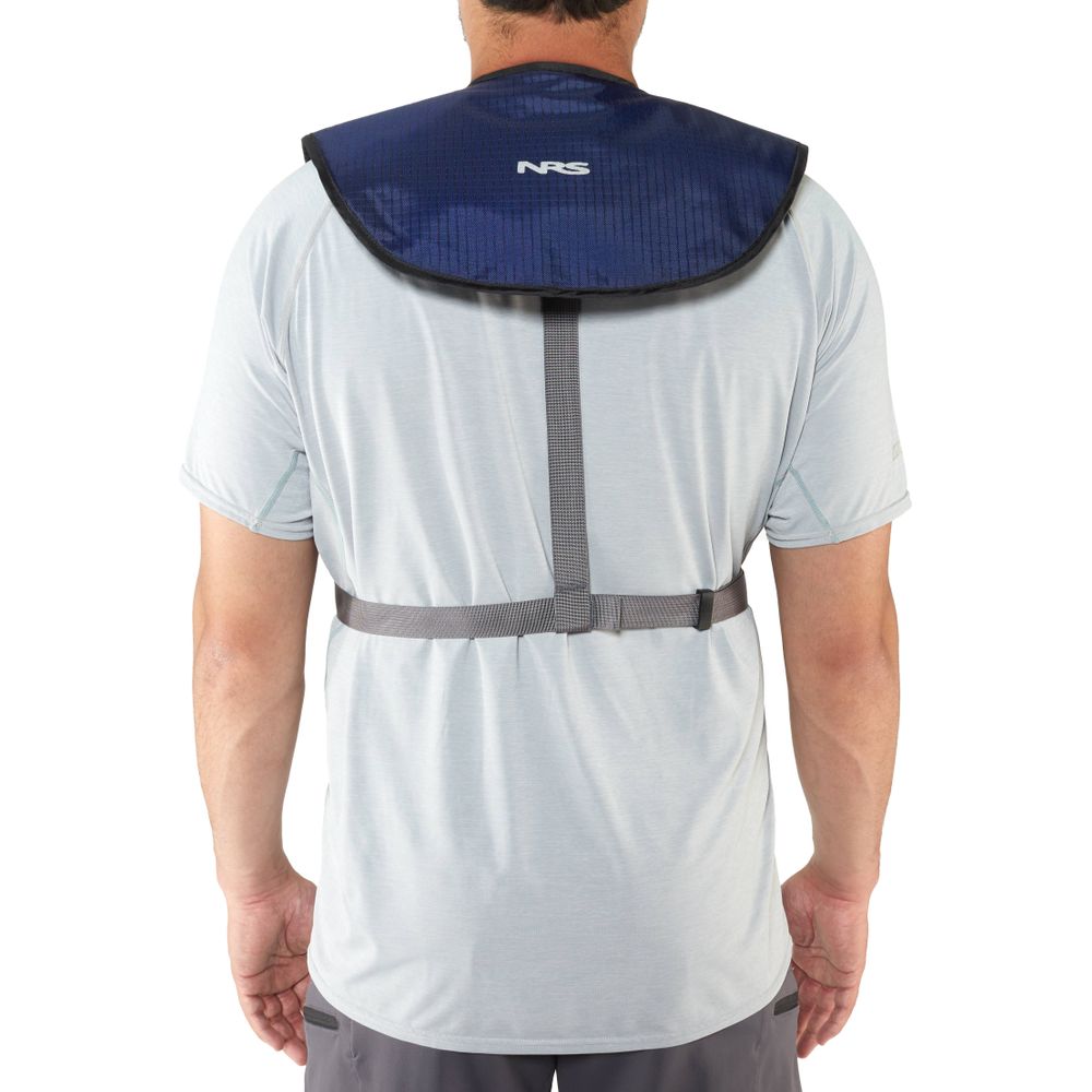A person is seen from behind, wearing a blue sun protection cape with an adjustable strap over a light gray shirt, layered over the NRS Matik Inflatable PFD for enhanced safety and comfort.