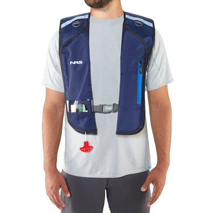 A man wearing an NRS Matik Inflatable PFD over a light gray shirt.