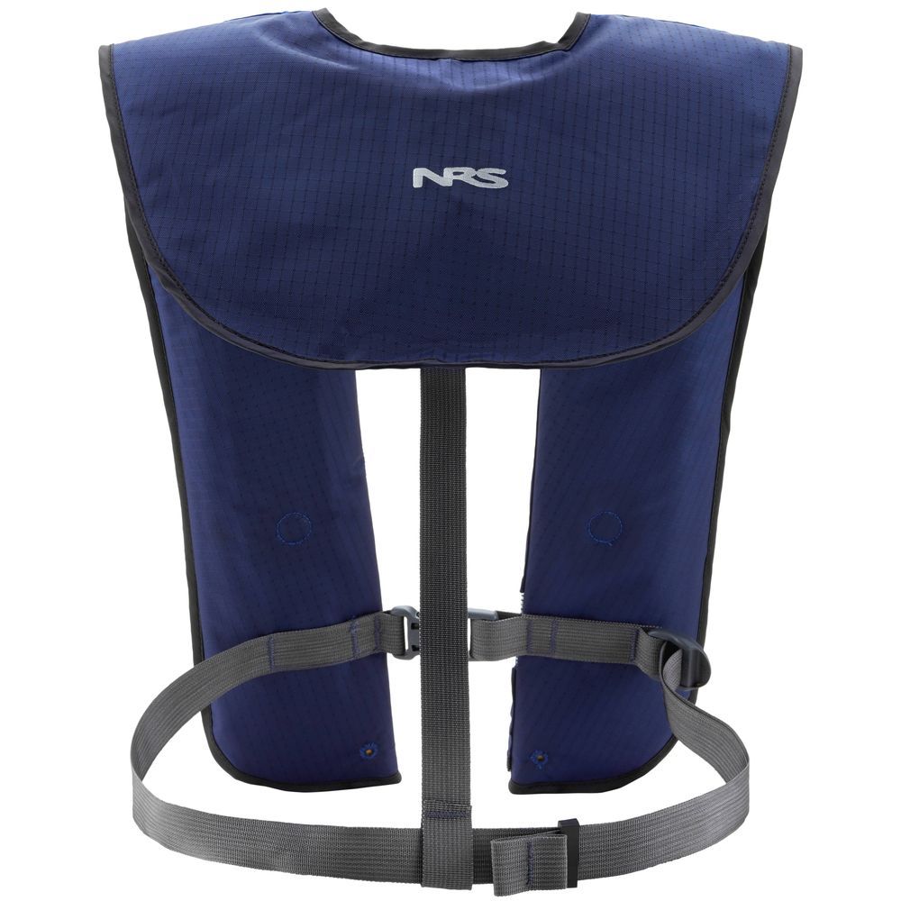 The NRS Matik Inflatable PFD is blue with a black adjustable strap and "NRS" on the back.