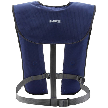 The NRS Matik Inflatable PFD is blue with a black adjustable strap and "NRS" on the back.