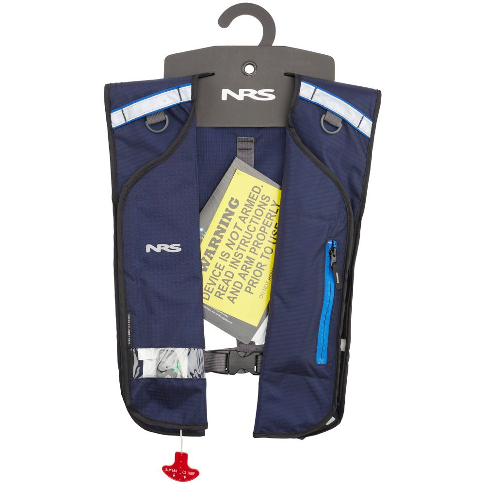 The blue Matik Inflatable PFD by NRS features a black trim, visible branding, and a warning label. This reliable flotation device is shown hanging on a black plastic hanger.