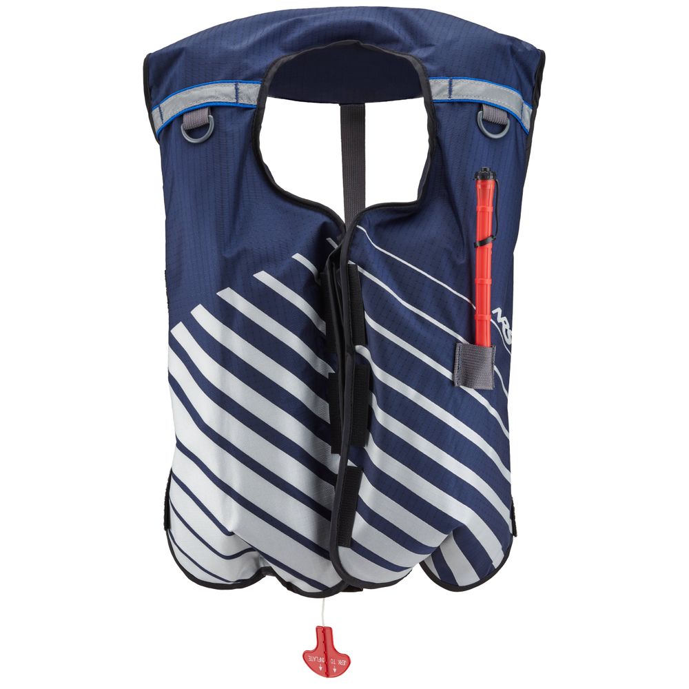 Experience peace of mind with the NRS Matik Inflatable PFD. This navy and white lifevest features a red inflation tube, diagonal stripe design, and reflective trim—perfect for safety and style on the water.