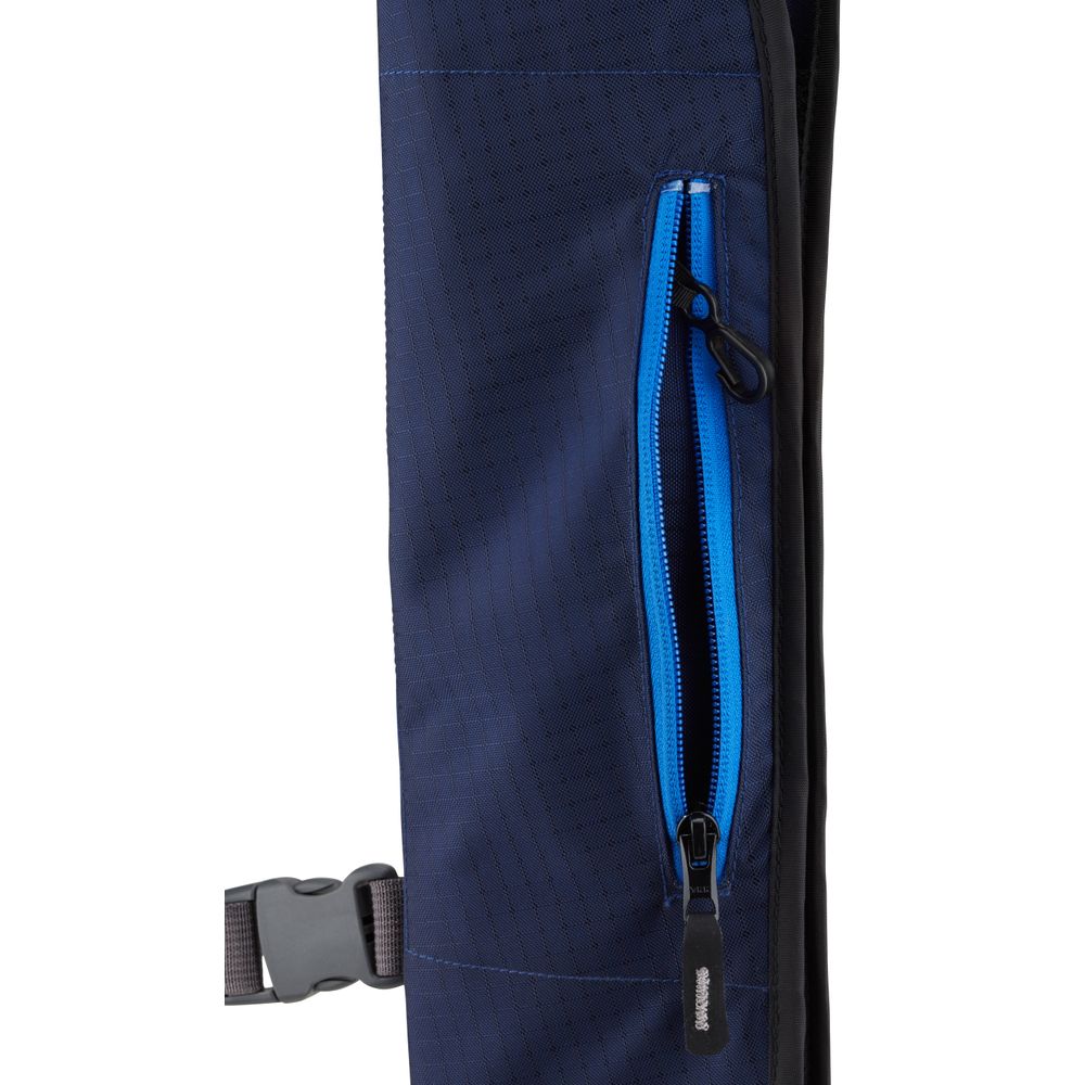 Close-up of a navy bag featuring a noticeable blue zipper pocket, reminiscent of the sleek Matik Inflatable PFD by NRS, with a black buckle on the strap.