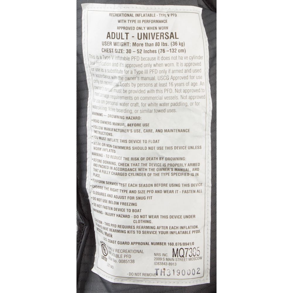 Label with safety instructions for the NRS Matik Inflatable PFD adult universal life jacket. Includes user weight, chest size, warnings, and details on its inflatable feature to enhance flotation.