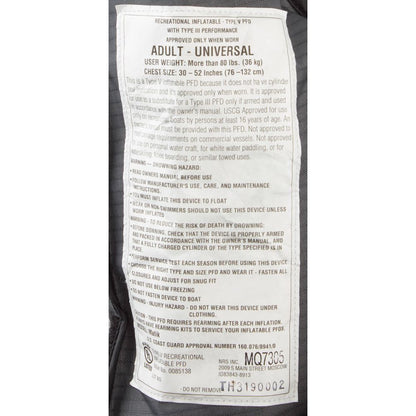 Label with safety instructions for the NRS Matik Inflatable PFD adult universal life jacket. Includes user weight, chest size, warnings, and details on its inflatable feature to enhance flotation.