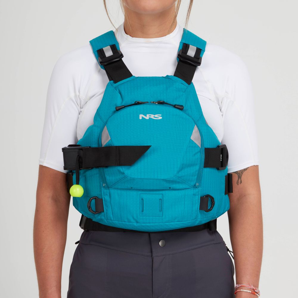 A person wears the NRS Ninja Pro PFD over a white shirt and dark pants, shown from shoulders to waist against a plain background—ideal gear for whitewater paddlers.