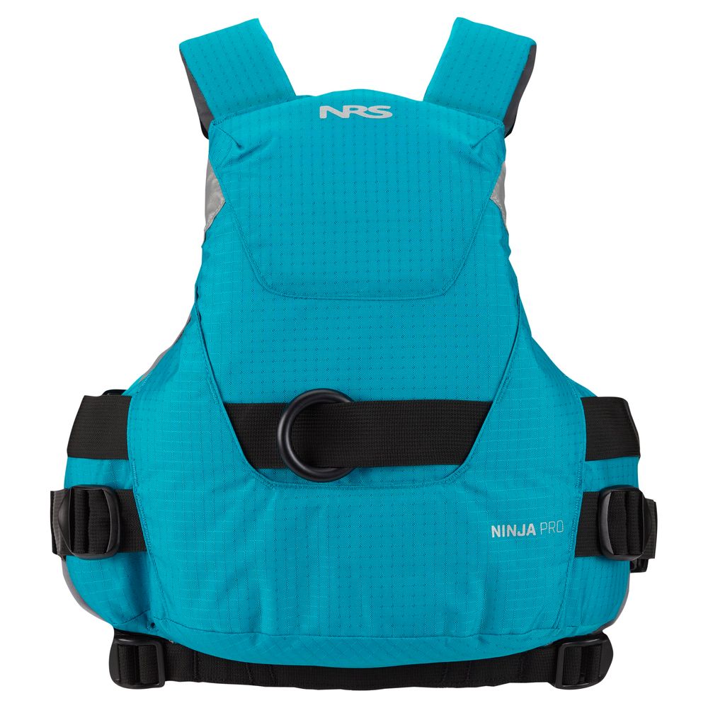 The NRS Ninja Pro PFD, in turquoise with black straps, adjustable buckles, and a front attachment ring, is perfect for whitewater paddlers and shown here against a white background.