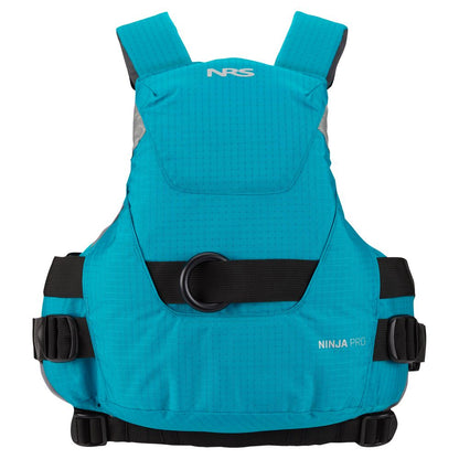 The NRS Ninja Pro PFD, in turquoise with black straps, adjustable buckles, and a front attachment ring, is perfect for whitewater paddlers and shown here against a white background.