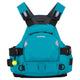 The NRS Ninja Pro PFD is a blue life jacket with black straps, front zipper, reflective patches, and an attached safety whistle—an ideal rescue vest for water sports and whitewater paddling safety.