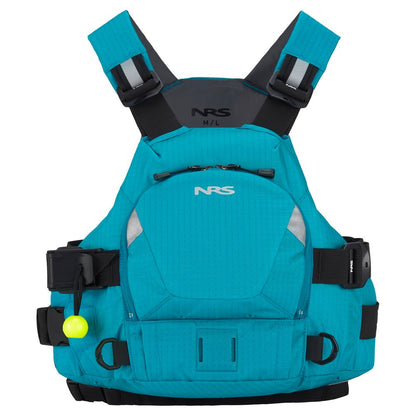 The NRS Ninja Pro PFD is a blue life jacket with black straps, front zipper, reflective patches, and an attached safety whistle—an ideal rescue vest for water sports and whitewater paddling safety.