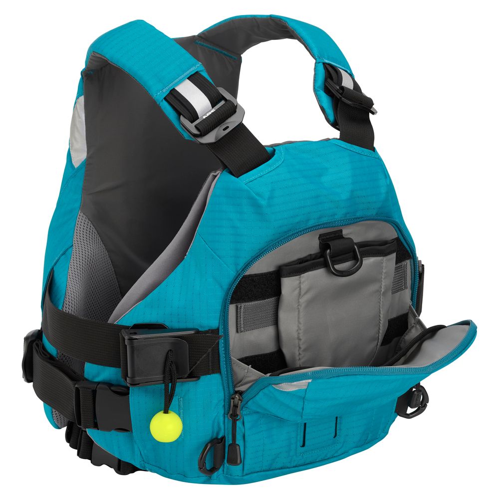 The NRS Ninja Pro PFD is a blue and gray rescue vest with adjustable straps, front pockets, a whistle on a cord, and multiple attachment points—perfect for whitewater paddlers. Shown open and empty.