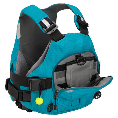 The NRS Ninja Pro PFD is a blue and gray rescue vest with adjustable straps, front pockets, a whistle on a cord, and multiple attachment points—perfect for whitewater paddlers. Shown open and empty.