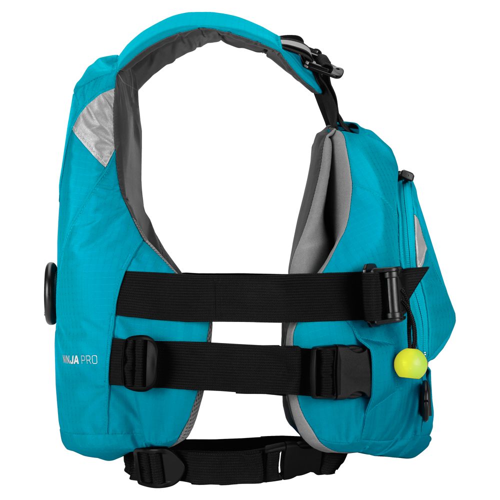 The NRS Ninja Pro PFD is a blue rescue vest with black straps, a small front pocket, side whistle, and secure buckles—perfect for whitewater paddlers seeking safety and convenience.