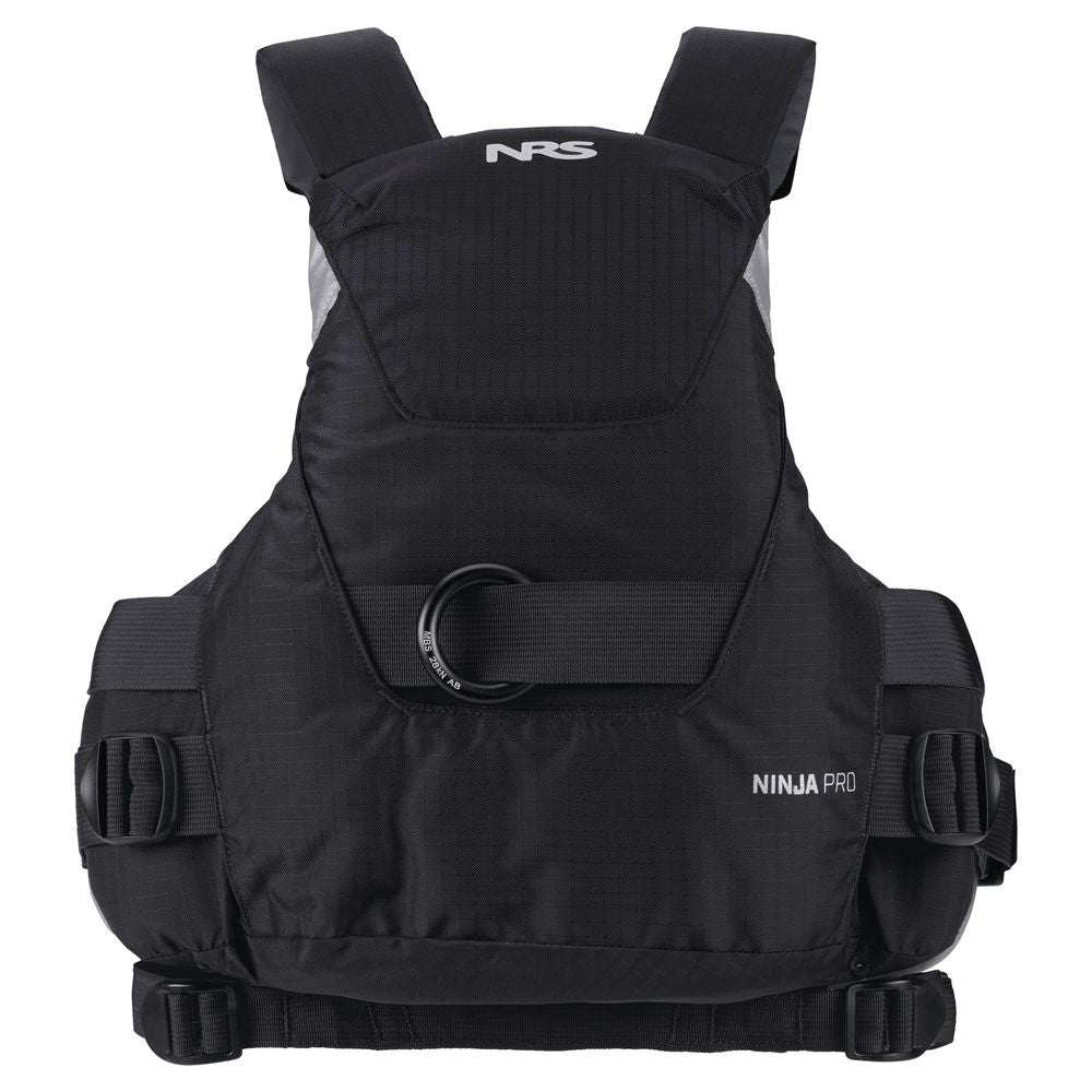 The NRS Ninja Pro PFD is a black life jacket for whitewater paddlers, with adjustable straps, front pocket, and metal chest ring.