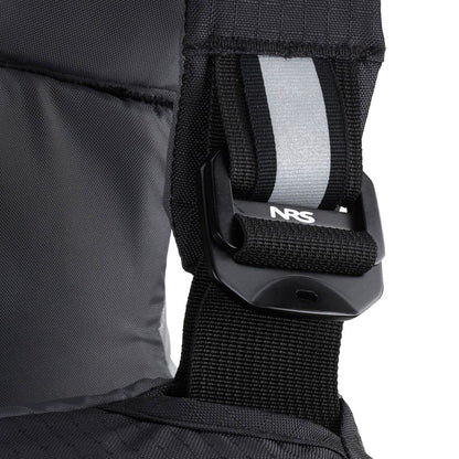 Close-up of a black adjustable strap and buckle on padded fabric, featuring the NRS logo—part of the Ninja Pro PFD by NRS, a trusted choice for whitewater paddlers and rescue vest users.