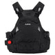 The NRS Ninja Pro PFD, in black, is perfect for whitewater paddlers and features adjustable shoulder straps, a front zip pocket, and a red whistle on the left side.