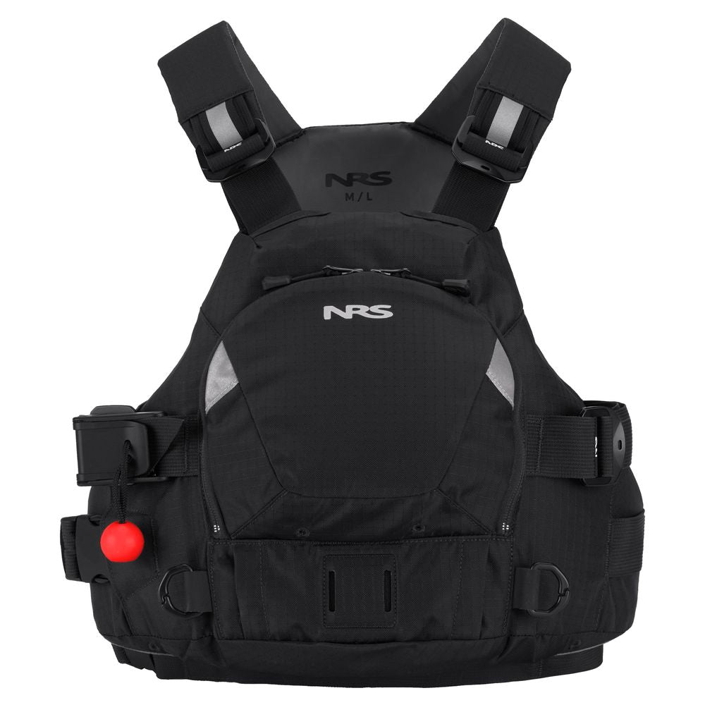 The NRS Ninja Pro PFD, in black, is perfect for whitewater paddlers and features adjustable shoulder straps, a front zip pocket, and a red whistle on the left side.
