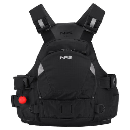 The NRS Ninja Pro PFD, in black, is perfect for whitewater paddlers and features adjustable shoulder straps, a front zip pocket, and a red whistle on the left side.