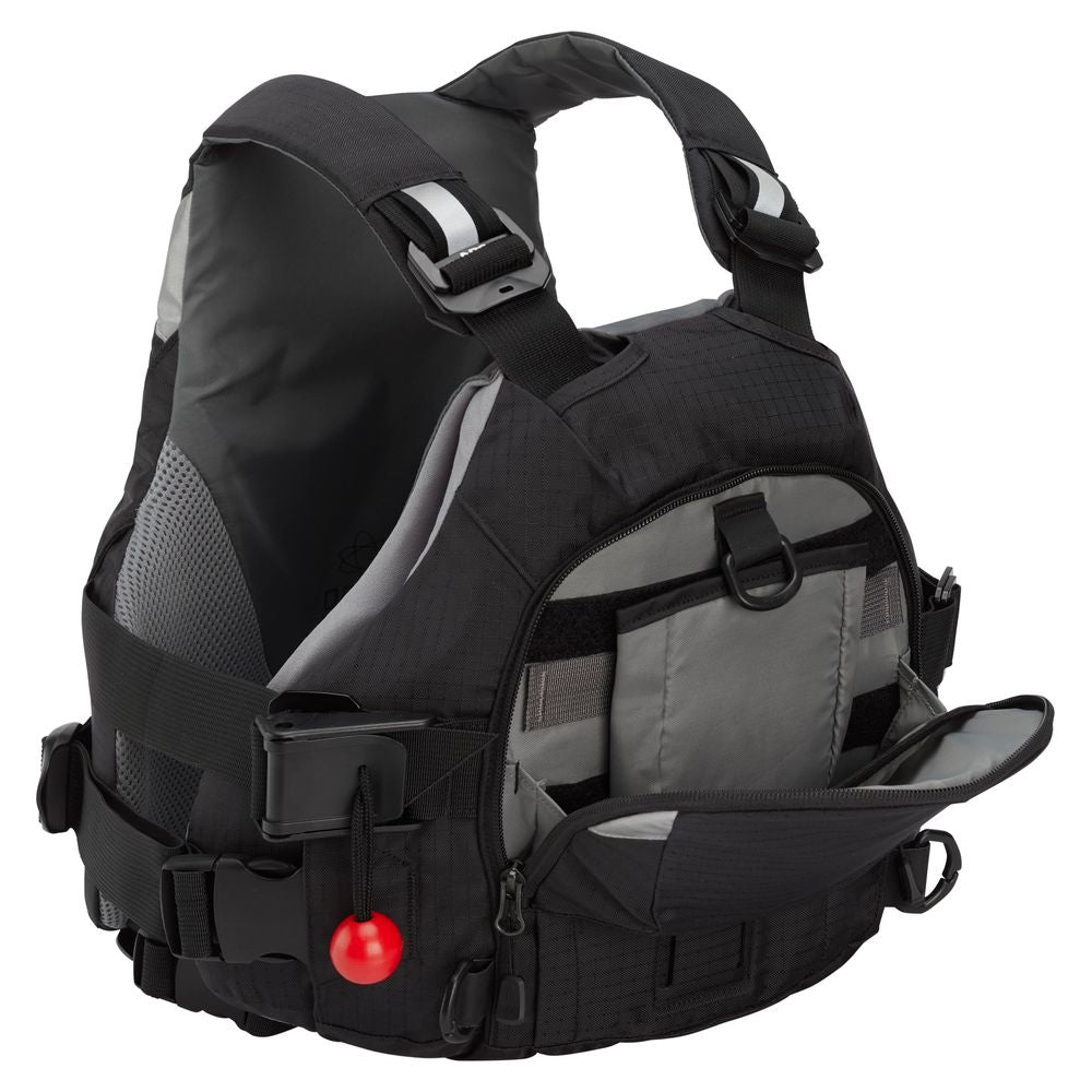 The NRS Ninja Pro PFD is a black and gray rescue vest with adjustable straps, pockets, front zipper, and a red whistle—perfect for whitewater paddlers who value safety and convenience on the water.