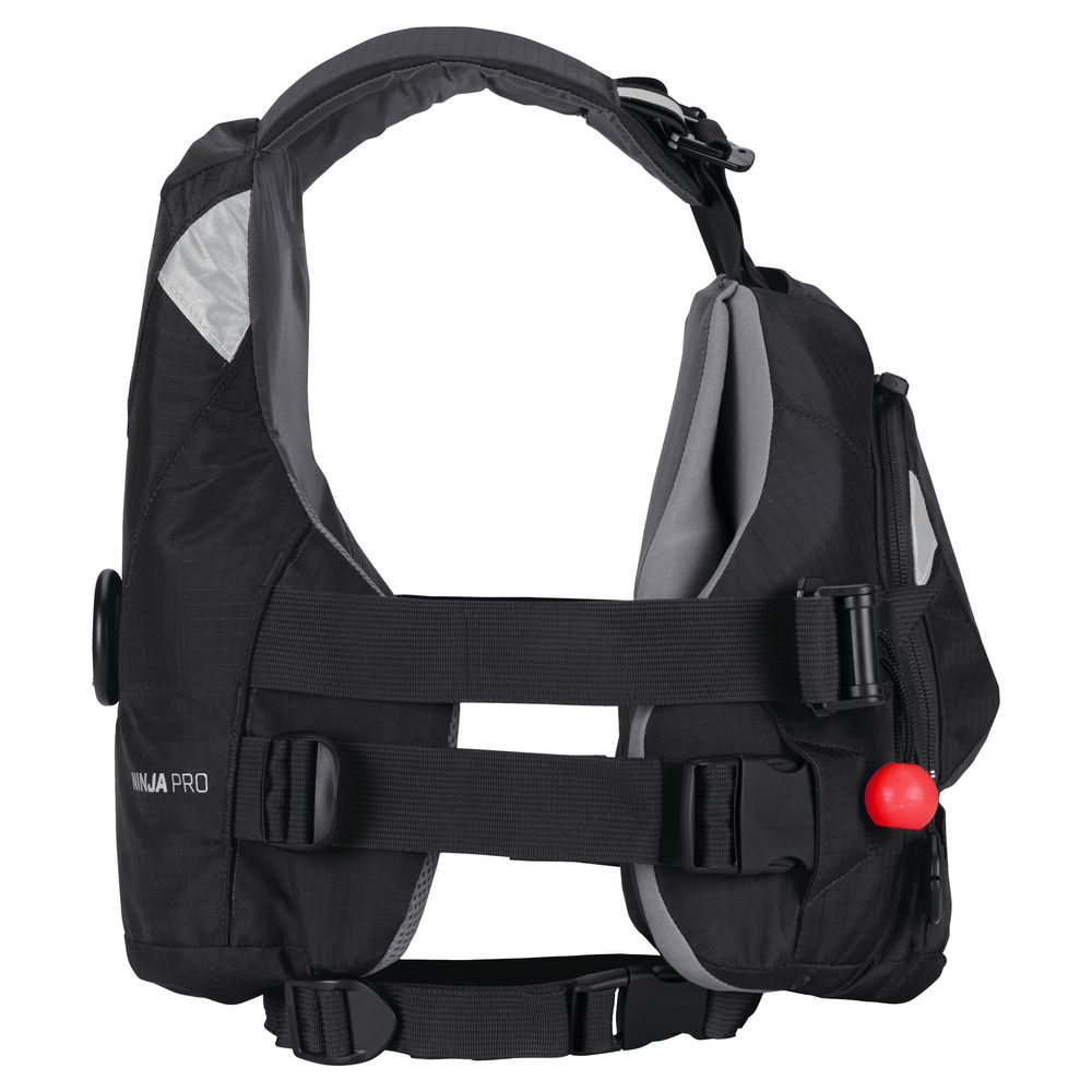 The NRS Ninja Pro PFD rescue vest, shown in black and grey with adjustable straps, a zippered pocket, and red pull tab, offers safety and function—perfect for whitewater paddlers.