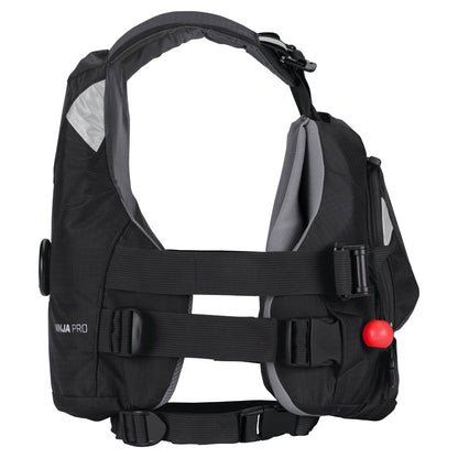 The NRS Ninja Pro PFD rescue vest, shown in black and grey with adjustable straps, a zippered pocket, and red pull tab, offers safety and function—perfect for whitewater paddlers.